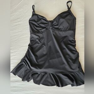 Lands' End Tankini Swim Top Womens 10 Ruffle Ruched Underwire Padded Black